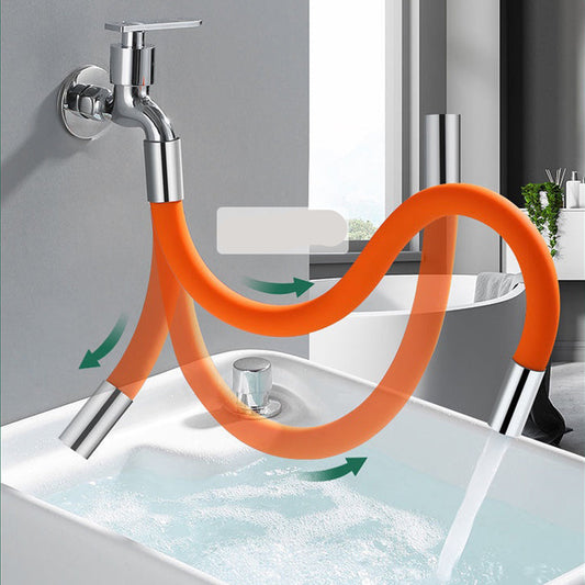 Bathroom faucet with an orange flexible hose attached, showing 360-degree rotation feature.