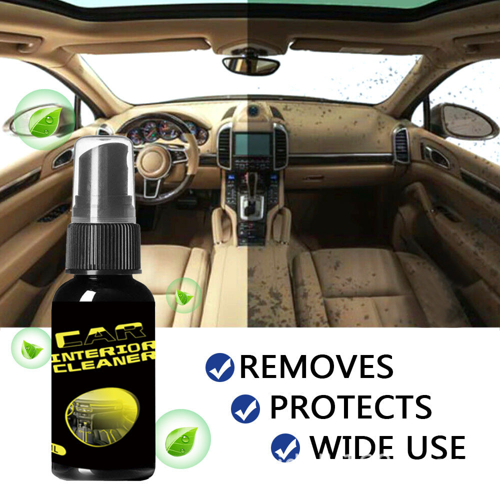 Car interior cleaner bottle with before and after effects on car seats.