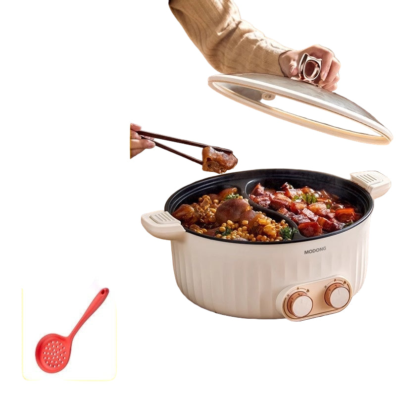 7L Double-boiled Pot with food inside, person using chopsticks, and product features on a yellow background.