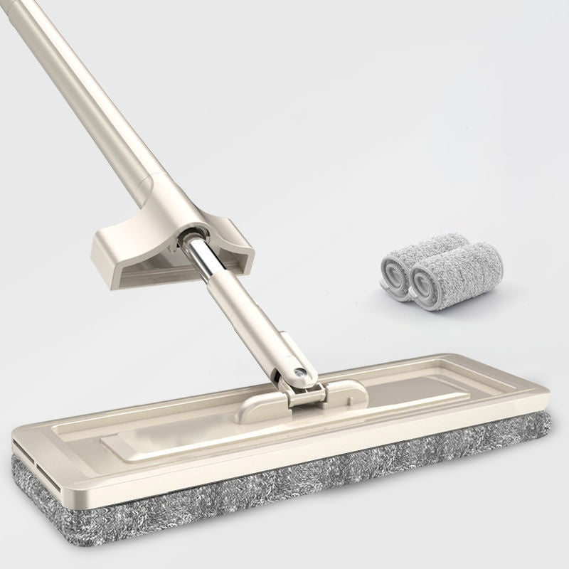 Cleaning tool with a flat mop head and two replacement pads on a light gray background