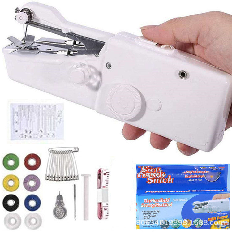 Handheld sewing machine with accessories on a white background