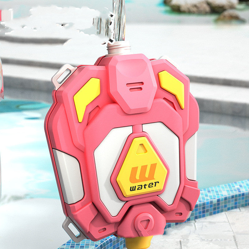 Pink and yellow water gun with 'water' logo in a pool setting