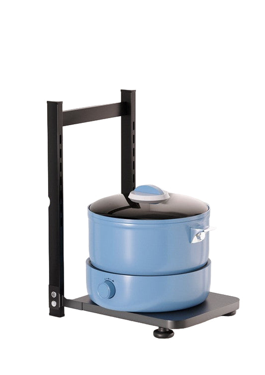 Blue pot with black lid on a metal stand with dimensions labeled