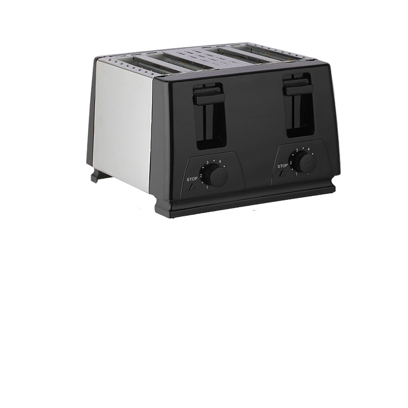 Black toaster with dimensions and specifications on a white background