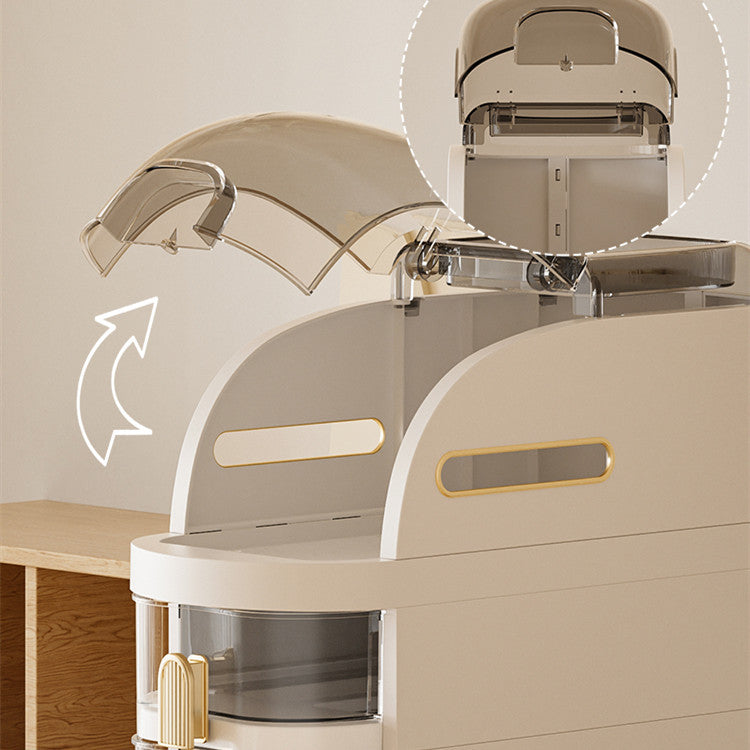 Beige kitchen appliance with a detailed view of its components on a light background