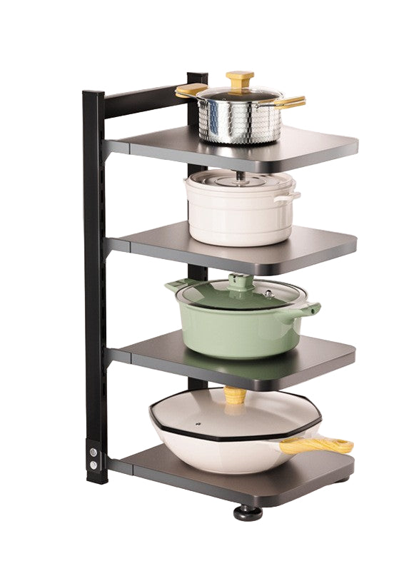 Kitchen cabinet organizer with pots and pans on shelves, showing dimensions.