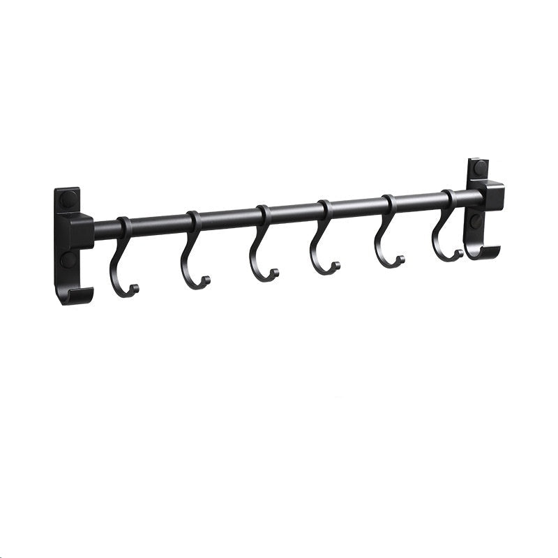 Black wall-mounted hook rack with measurements on a white background
