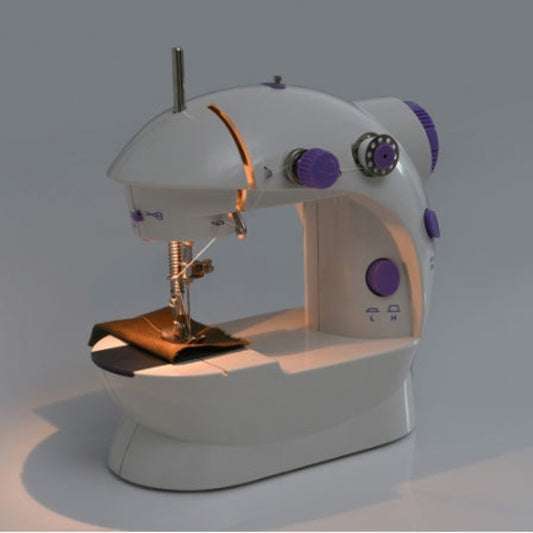 White sewing machine with purple controls on a gray background