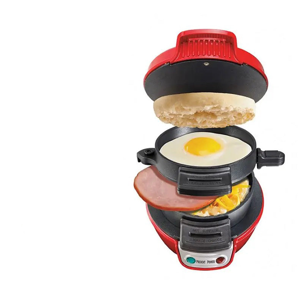 Multifunctional breakfast maker with English muffin, egg, and ham on a white background with text 'Quick and easy and ready to eat in 5 minutes'.