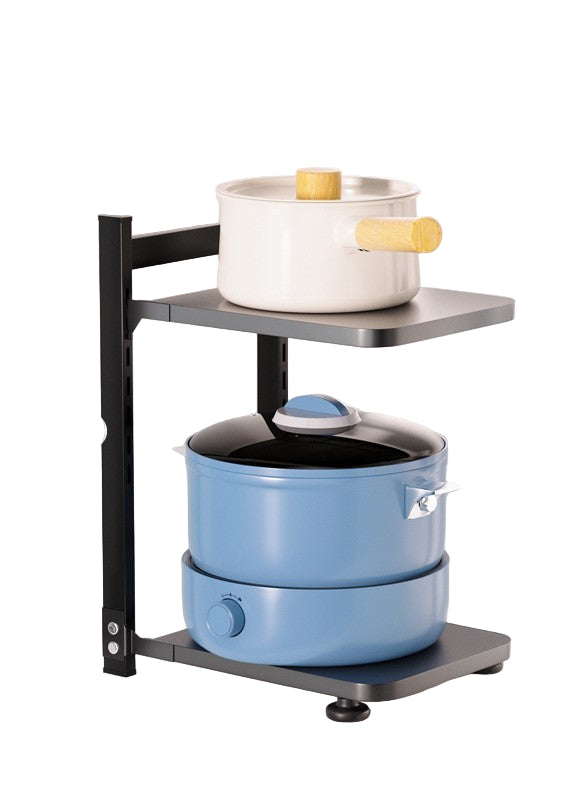 Kitchen storage rack with pots and measurements on a white background