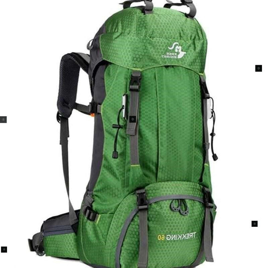Green hiking backpack with gray straps on a white background