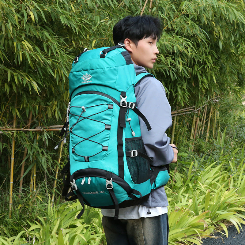Person wearing a large teal backpack in a natural setting with greenery.