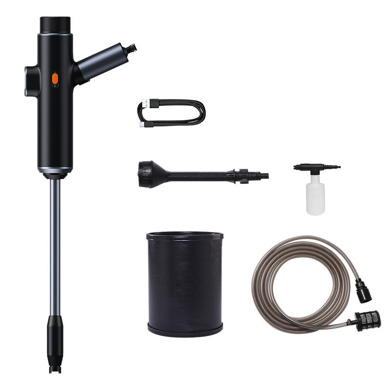 Collection of black and silver cleaning tools on a white background