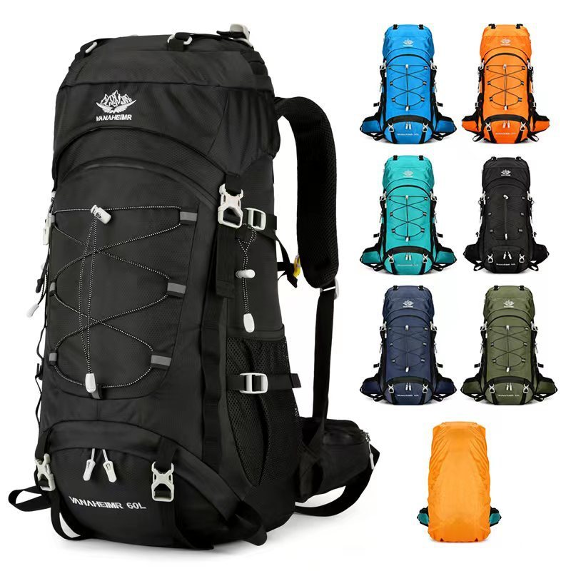 Black hiking backpack with additional colored backpacks displayed on a white background