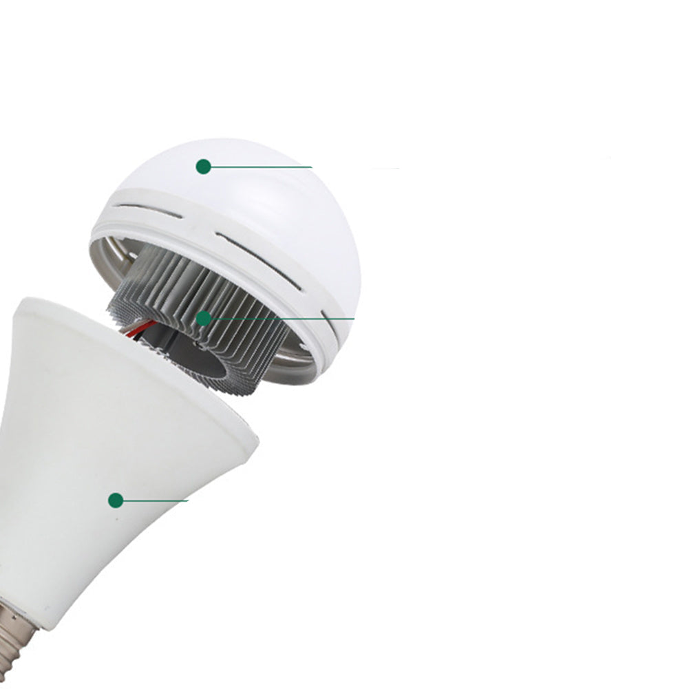 Diagram of an LED light bulb with labeled parts on a white background