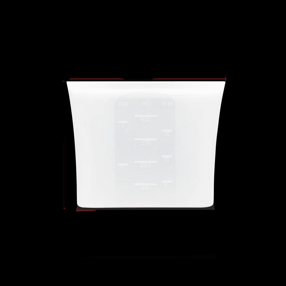 White pouch with measurements and weight displayed on a black background