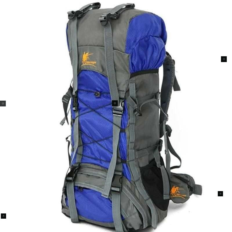 Blue and gray backpack with visible brand logo on a white background