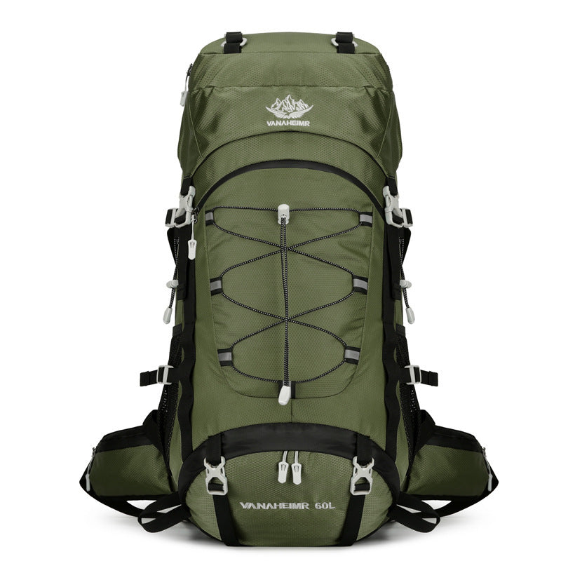 Green backpack with black straps on a white background