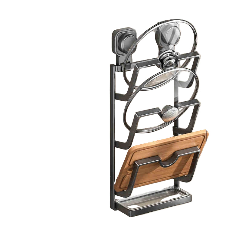 Wall-mounted kitchen rack with dimensions and gun grey color option on a tiled wall.