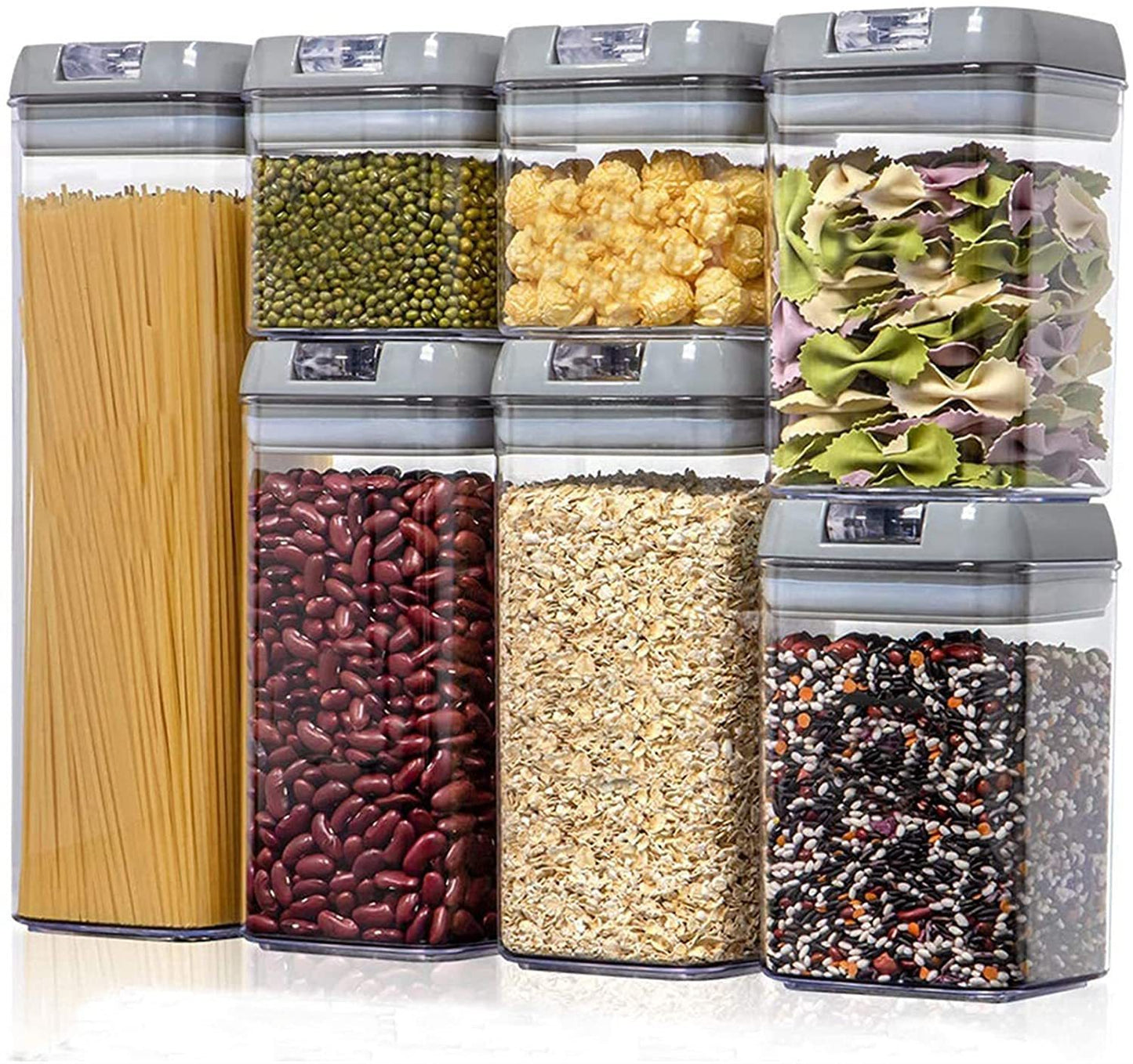 Set of clear storage containers with lids, each filled with different types of dry food.