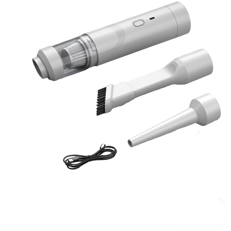 White handheld vacuum cleaner with attachments on a gray background