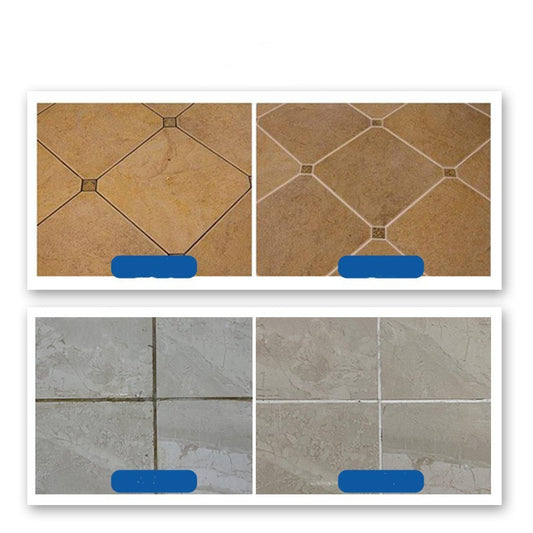 Comparison of two different tile patterns with blue tape on a white background