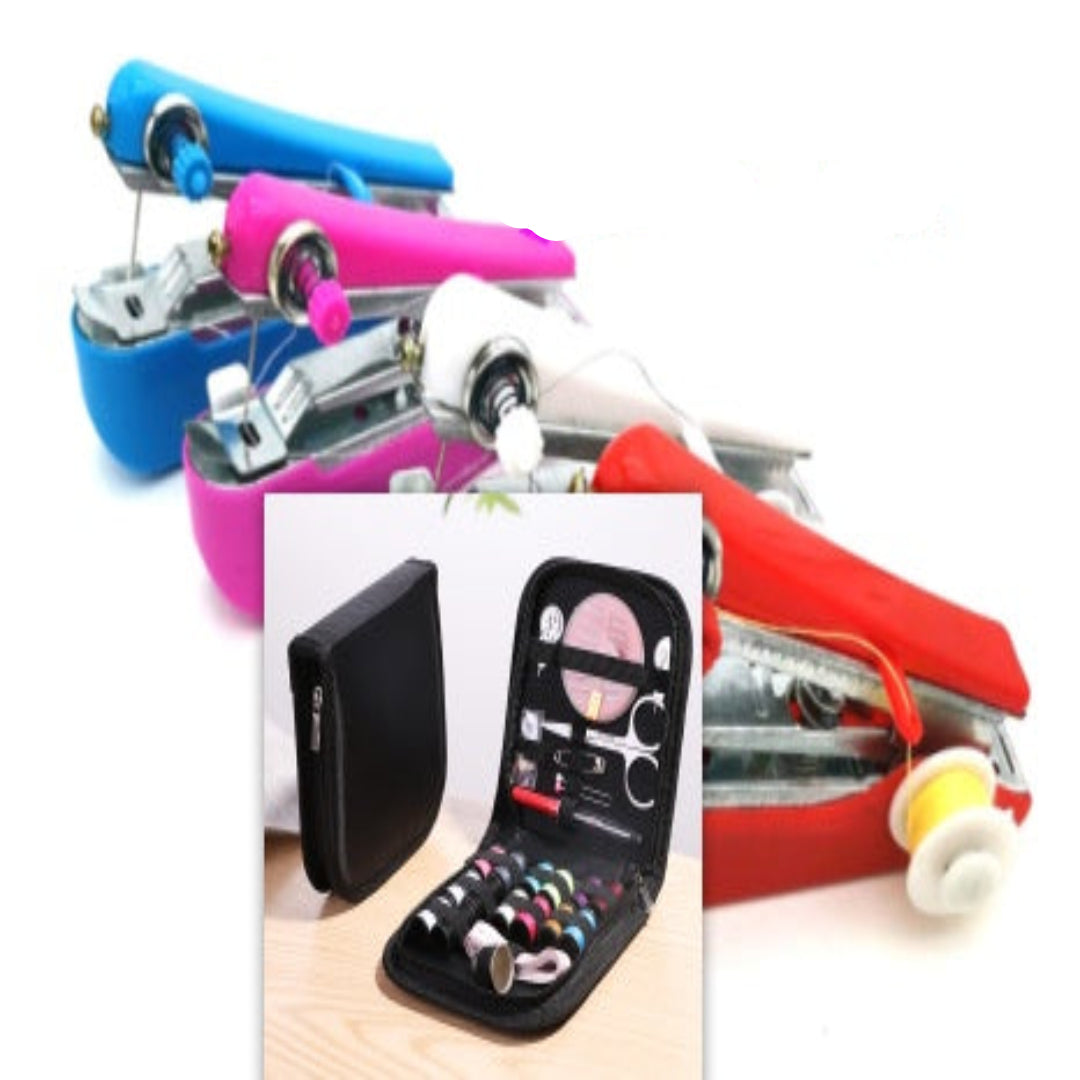 Colorful sewing kit with various tools on a white background