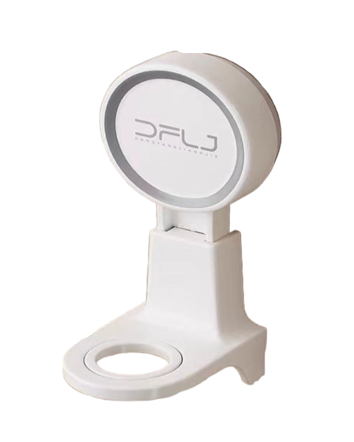 White suction cup bottle hanger with dimensions and product usage examples on a tiled wall background