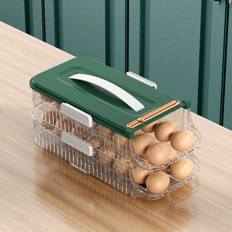 Green and clear egg holder with eggs on a wooden surface