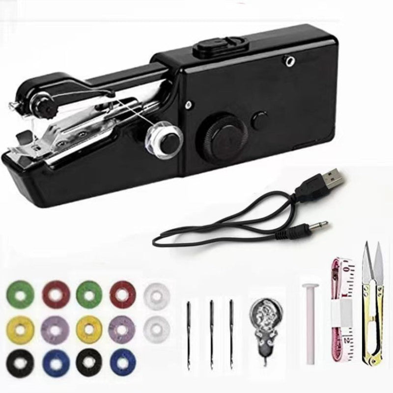 Black handheld sewing machine with accessories on a white background