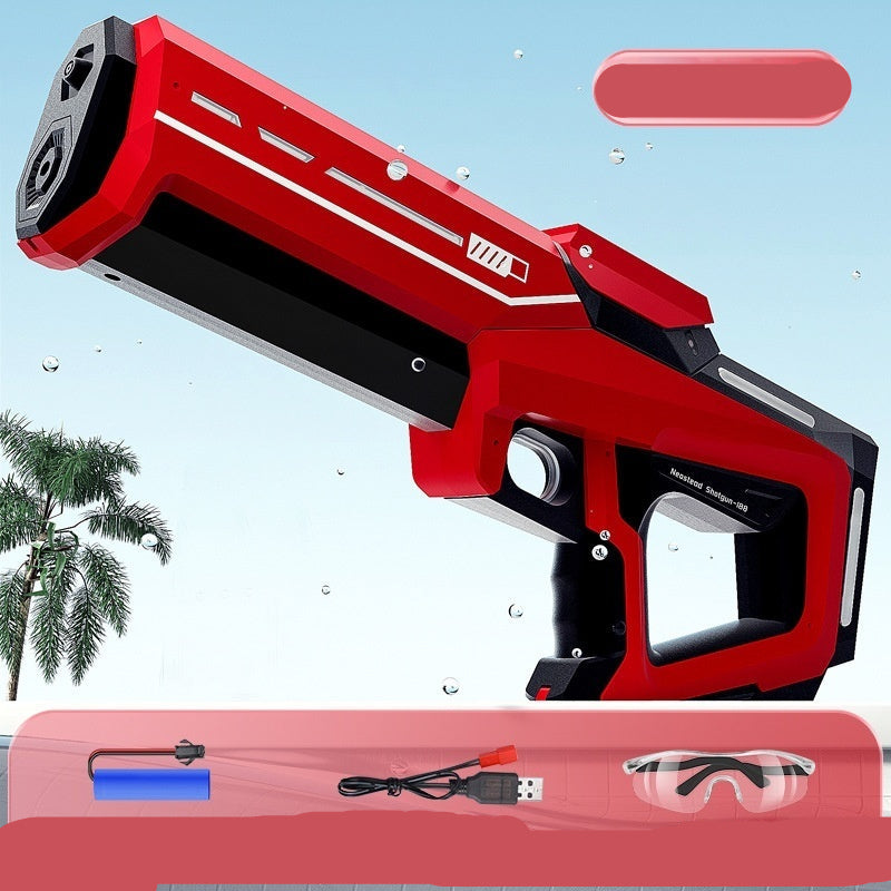 Red and black toy gun with coral red label on a light blue background
