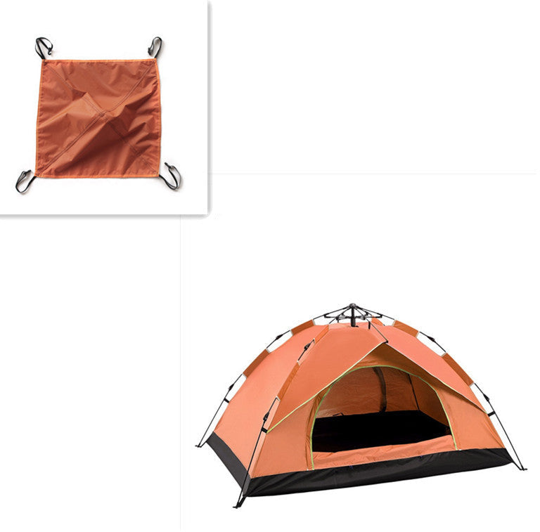 Orange camping tent with a smaller orange fabric on hooks, labeled for 3 to 4 people.