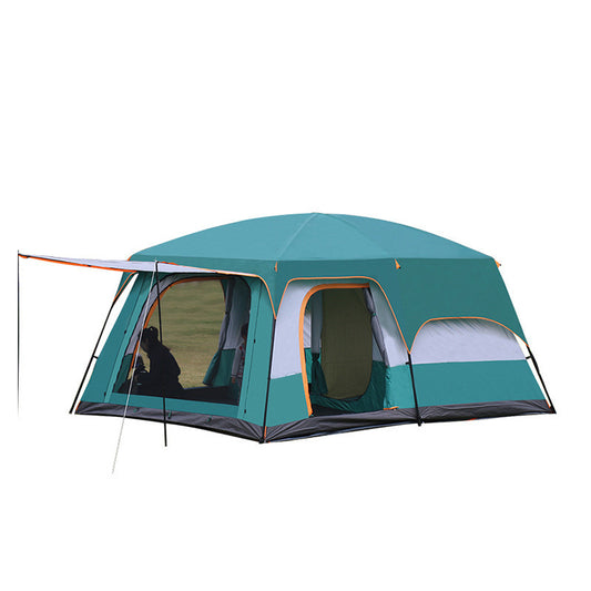 Teal camping tent with a white door on a white background