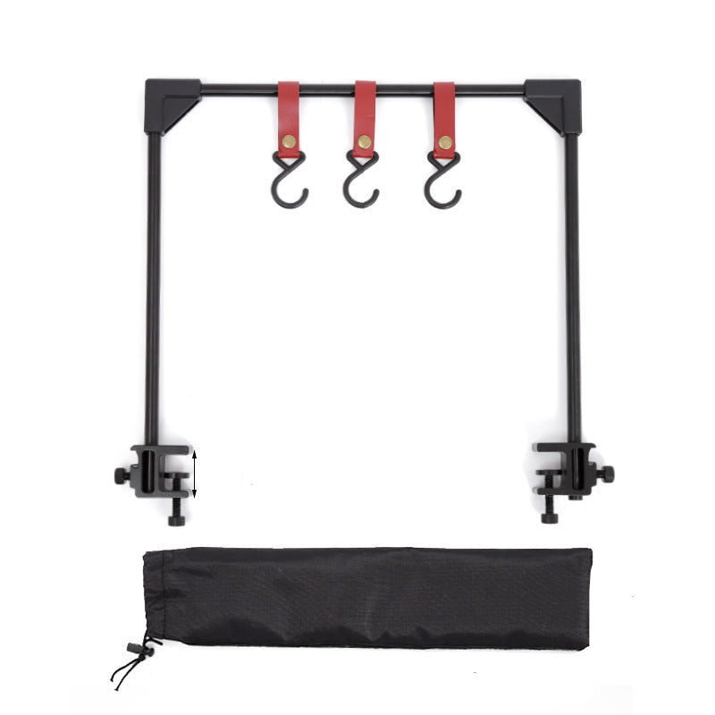 Measurement chart of a black metal frame with hooks and straps, including dimensions.