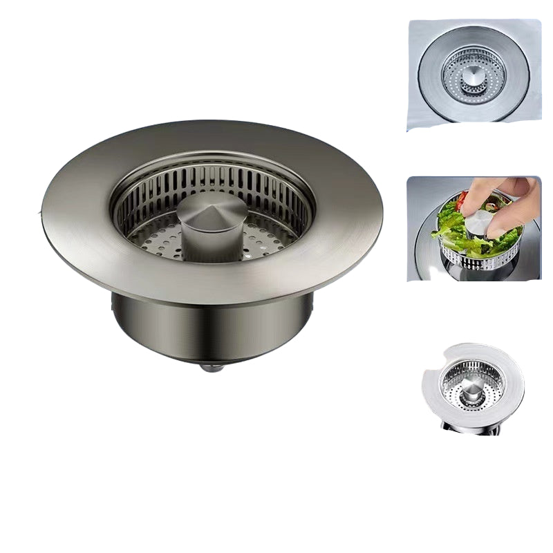 Universal sink filter plug with dimensions and usage instructions on a blue background