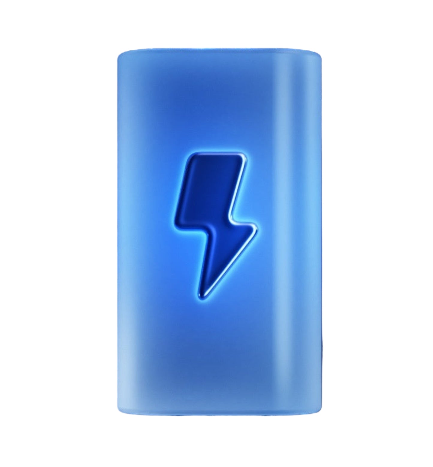 Blue battery pack with a lightning bolt symbol on a dark background