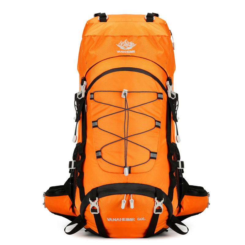 Orange hiking backpack with black straps on a white background