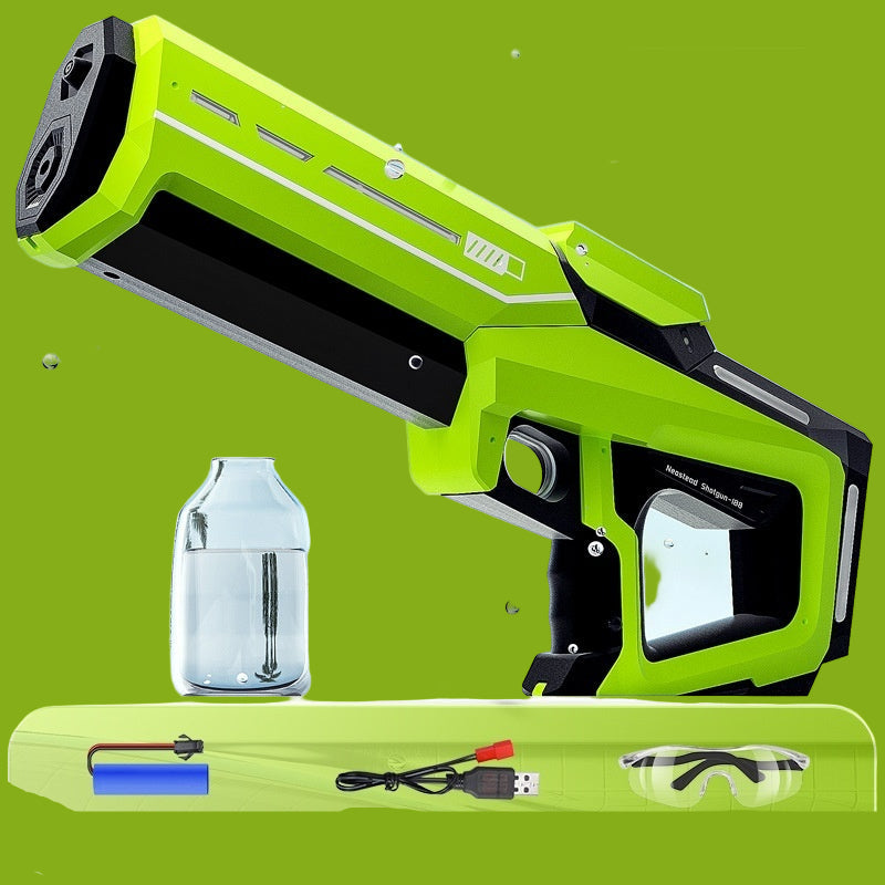 Green handheld device with palm tree and water bottle on a light blue background