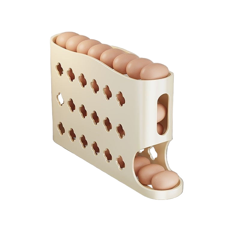 Beige automatic rolling egg box with eggs inside, placed on a refrigerator shelf.