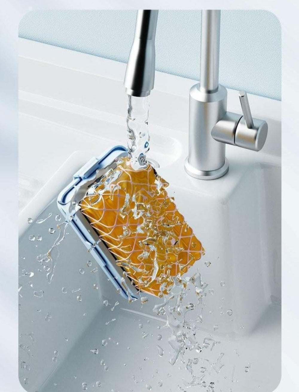Cleaning tool with water flowing over it, demonstrating ease of use and features.