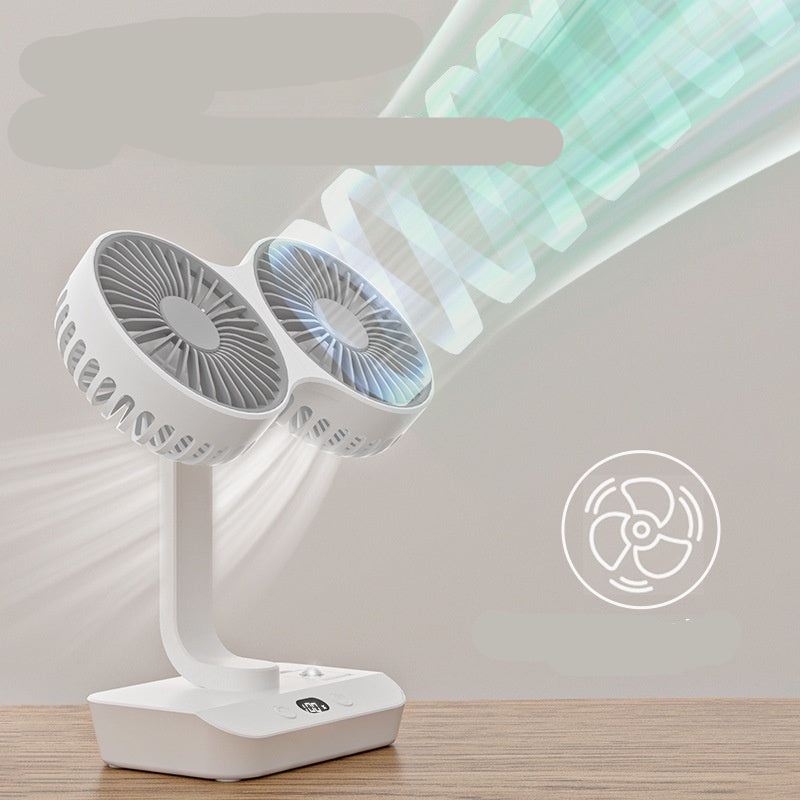Tabletop fan with text describing its features on a neutral background
