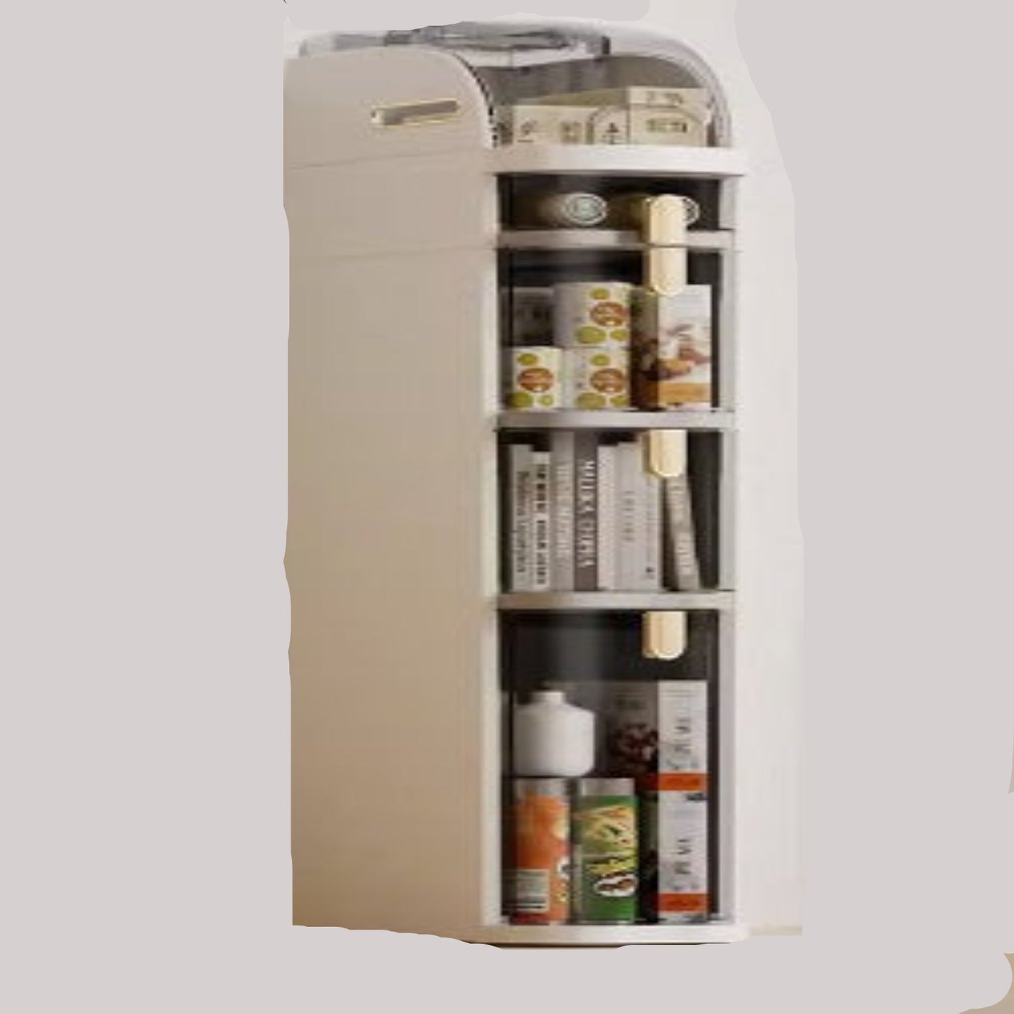 Tall white shelf with various items against a light gray wall