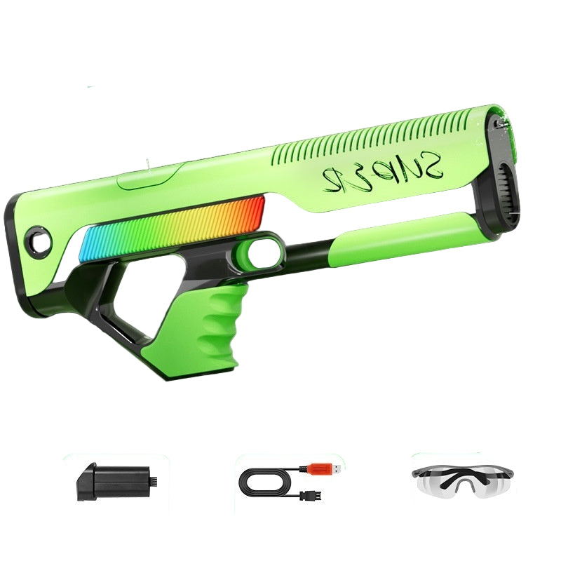 Electric water gun with green and black design, showing features and accessories on a dark background.