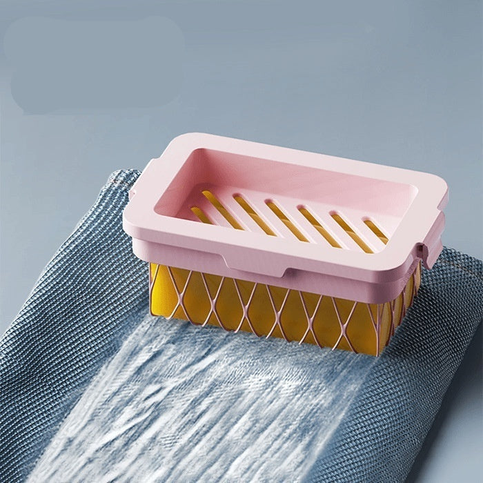 Pink and yellow cleaning tool on a textured surface with text 'Rich sparkling Apply evenly' on a gray background