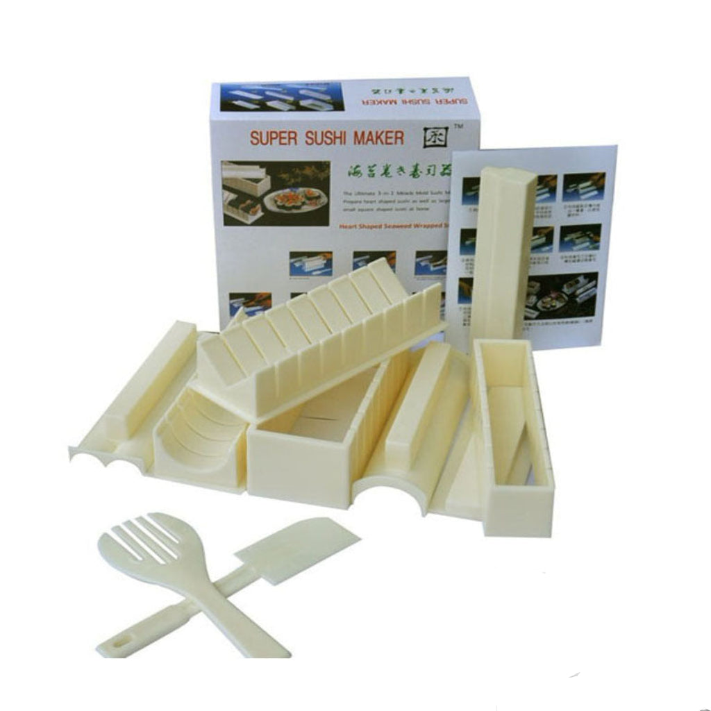 Super Sushi Maker kit with packaging, user manual, and accessories on a white background
