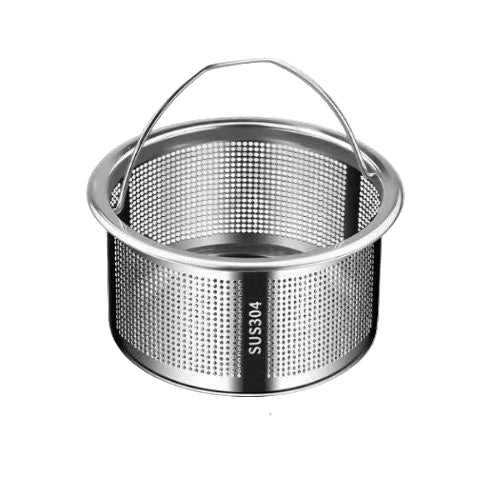 Stainless steel strainer with dimensions labeled on a white background