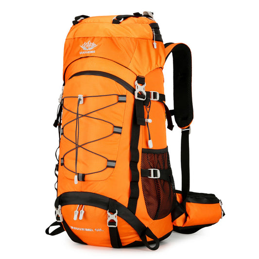Orange backpack with black straps on a white background