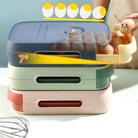 Stackable egg storage containers with a hand holding an egg and cartoonish face.