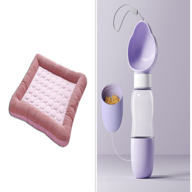 Pink quilted mat and purple and white device on a light gray background