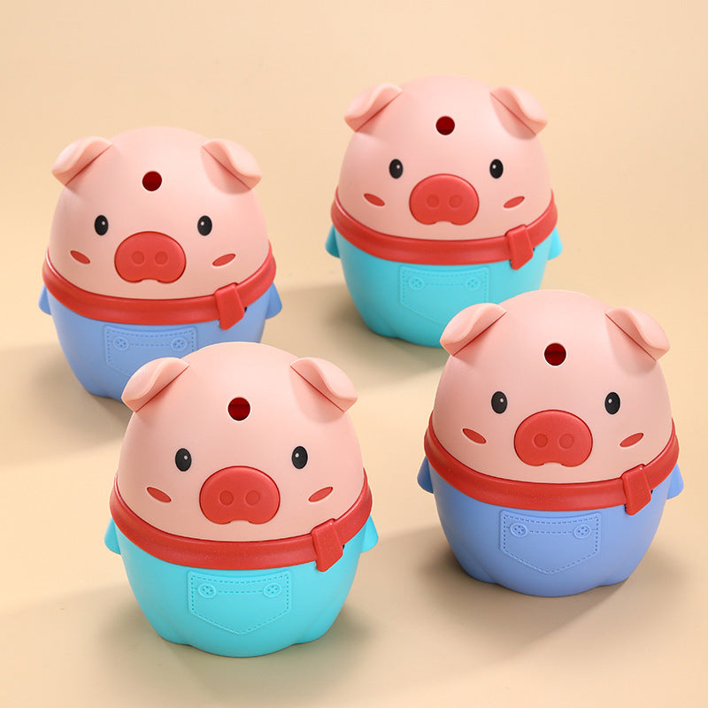 Four cartoon pig-shaped containers on a beige background